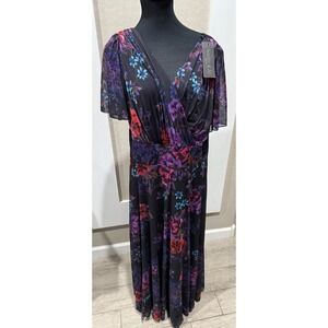 Scarlett & Jo Isabelle Angel Wing Maxi Dress US Size 16 Navy Amethyst Floral NWT